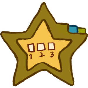 a star shaped folder with a yellow inside and darker yellow green ish outside with a tab of the same colour, à blue tab and a green tab with 3 squares labeled 1 2 and 3